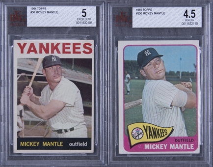 1964 and 1965 Topps Mickey Mantle BVG-Graded Pair (2 Different)